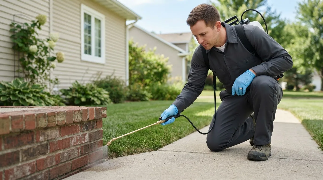 Pest control technician treating a home near Blodgett, OR