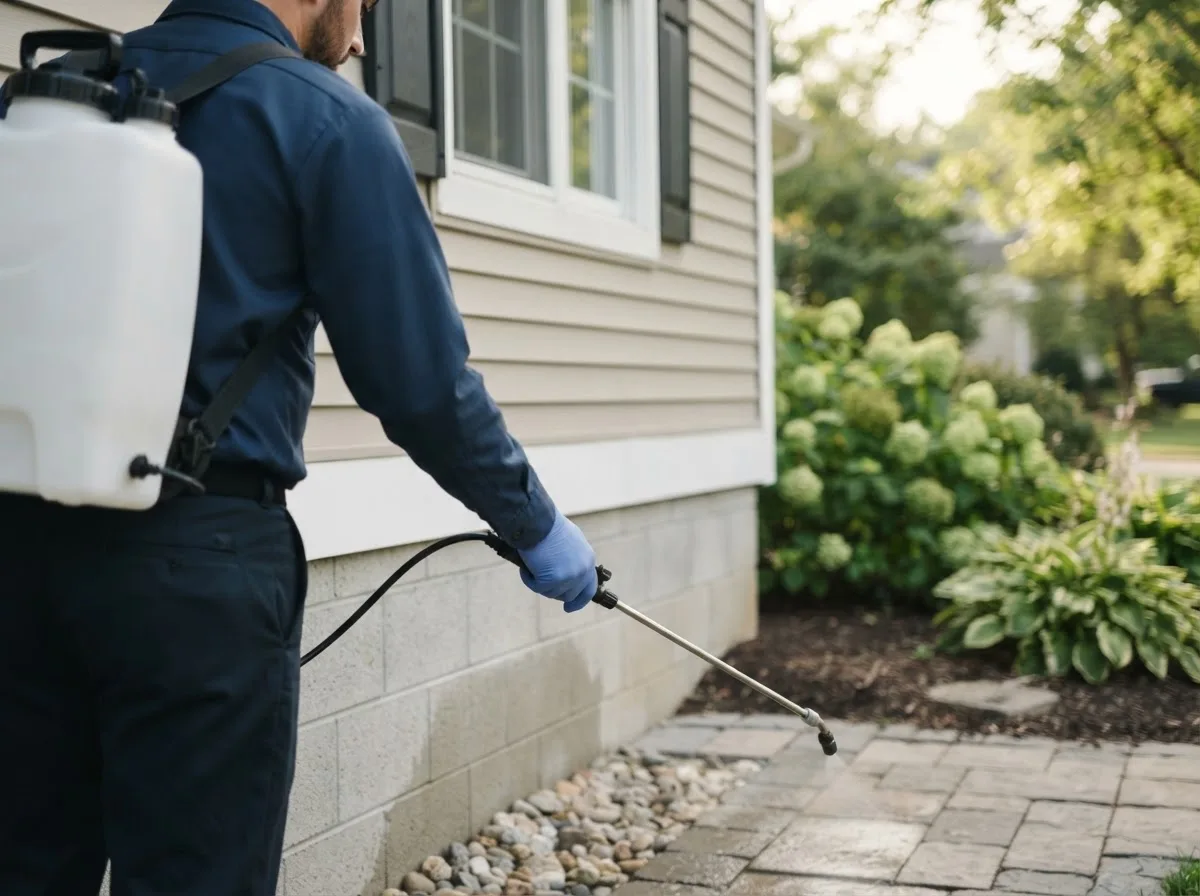 Pest control technician inspecting a home in Blodgett, OR